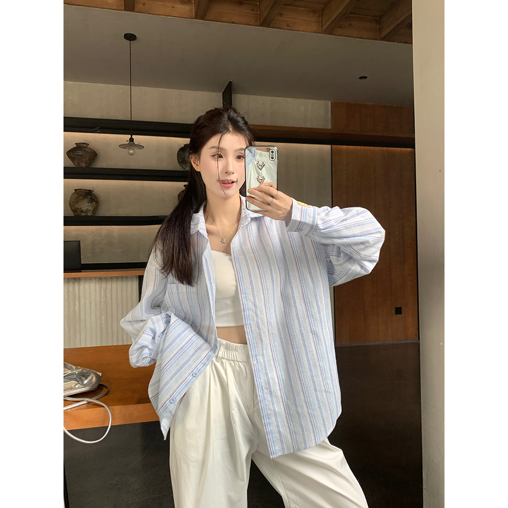 Áo Sơ Mi áo nữ bigsize cotton Lanh Mỏng Dáng Rộng Tay Dài Cổ polo Họa Tiết Kẻ Sọc Màu Xanh Dương Thời Trang Mùa Hè Cho áo nữ mùa hè mát Nữ