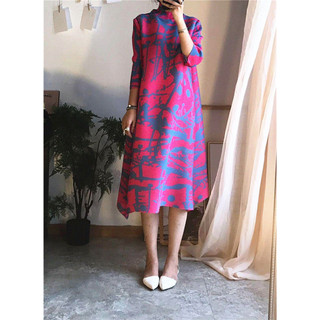 Miyake Xếp Ly Đầm Châu Âu Phong Cách Mỹ Giảm Tuổi Rời Ôm Hơn Nhìn Plus Kích Thước Thu Đông Giữa Chiều Dài Mỡ mm Váy