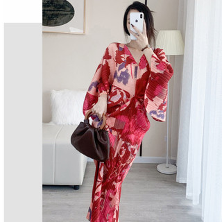 [enjoysea] Issey Miyake Đầm Dài Dáng Rộng Cổ Chữ V Siêu Co Giãn Thời Trang Mùa Xuân Cho Nữ
