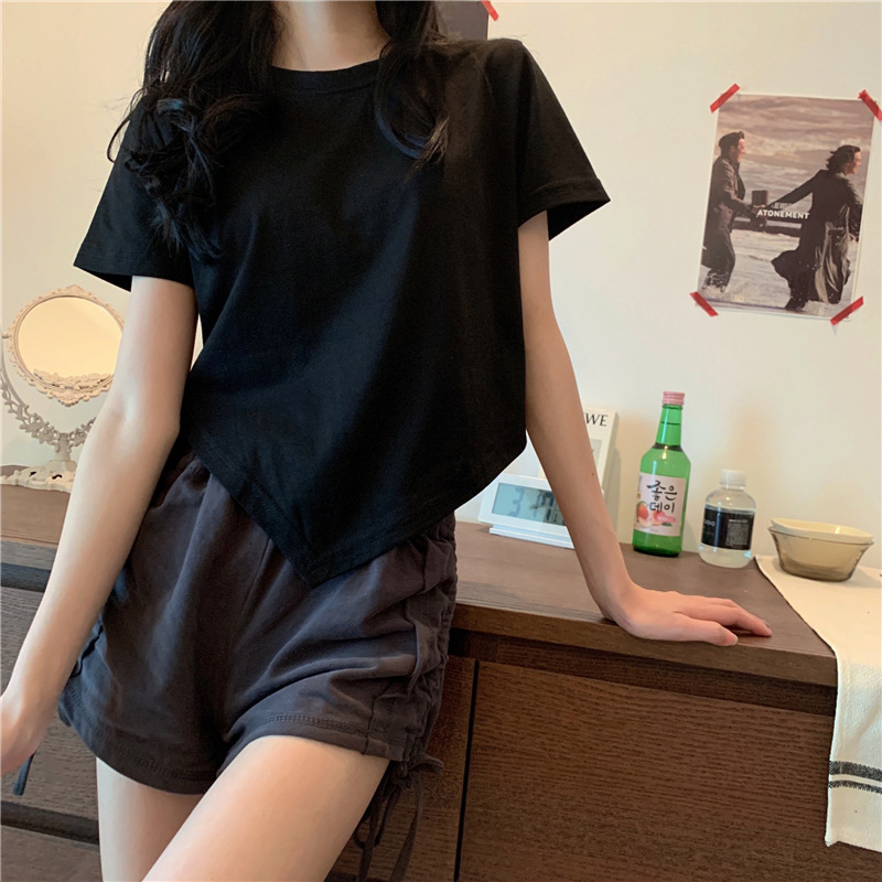 Áo Thun Ngắn Tay Dáng Ôm Rút Dây Phong Cách Hàn Quốc Thời Trang Cho Nữ