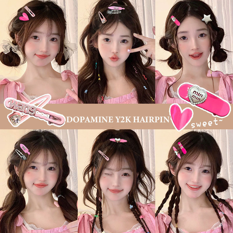 Kẹp Tóc Bảy Mảnh dopamine y2k Đính Đá rhinestone Hình Chữ love