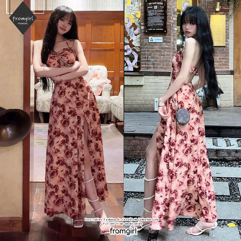 Đầm Hoa Tay Dài Cổ Chữ V Thời Trang Thu Đông Cho Nữ