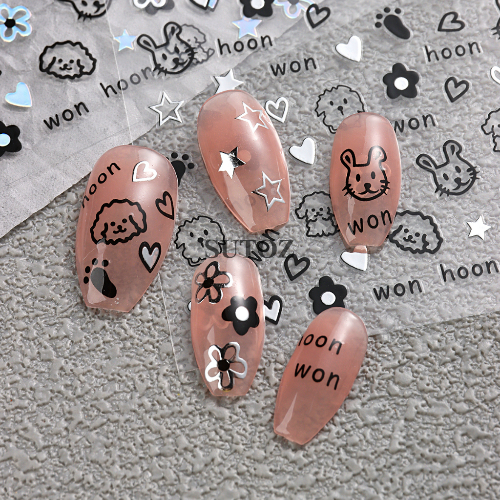 Miếng Dán Trang Trí Móng Tay 3D Hình Mèo / Chó / Thỏ / Ngôi Sao / Mặt Trăng /