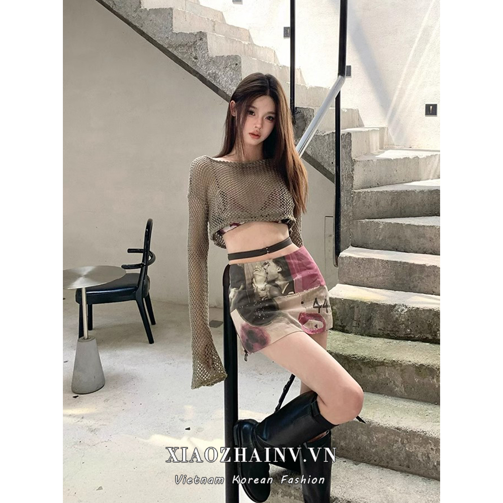 Xiaozhainv Set Áo Dây + Áo Khoác Ngoài Dài Tay + Chân Váy Chữ A Lưng Cao Thời Trang Nữ