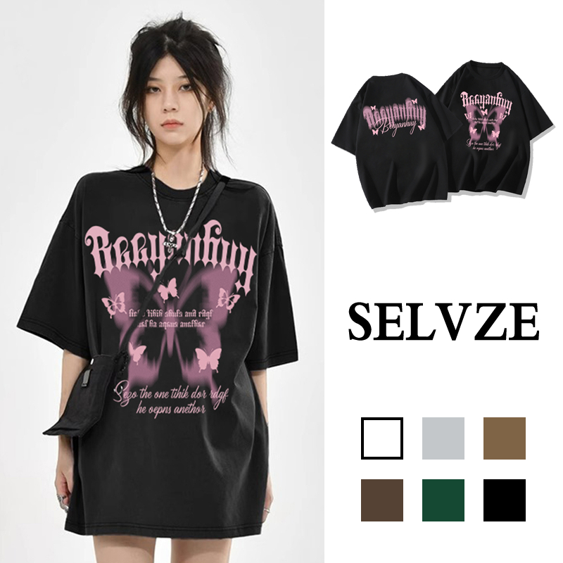 SELVZE Áo Thun Cotton Tay Ngắn Dáng Rộng In Họa Tiết Bươm Bướm Độc Đáo Thời Trang Cổ Điển