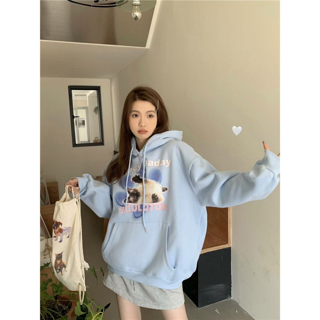 QOEDDV Áo Hoodie Nhung Dáng Rộng In Hình Mèo Vui Nhộn Phong Cách Hàn Quốc Dành Cho Nữ