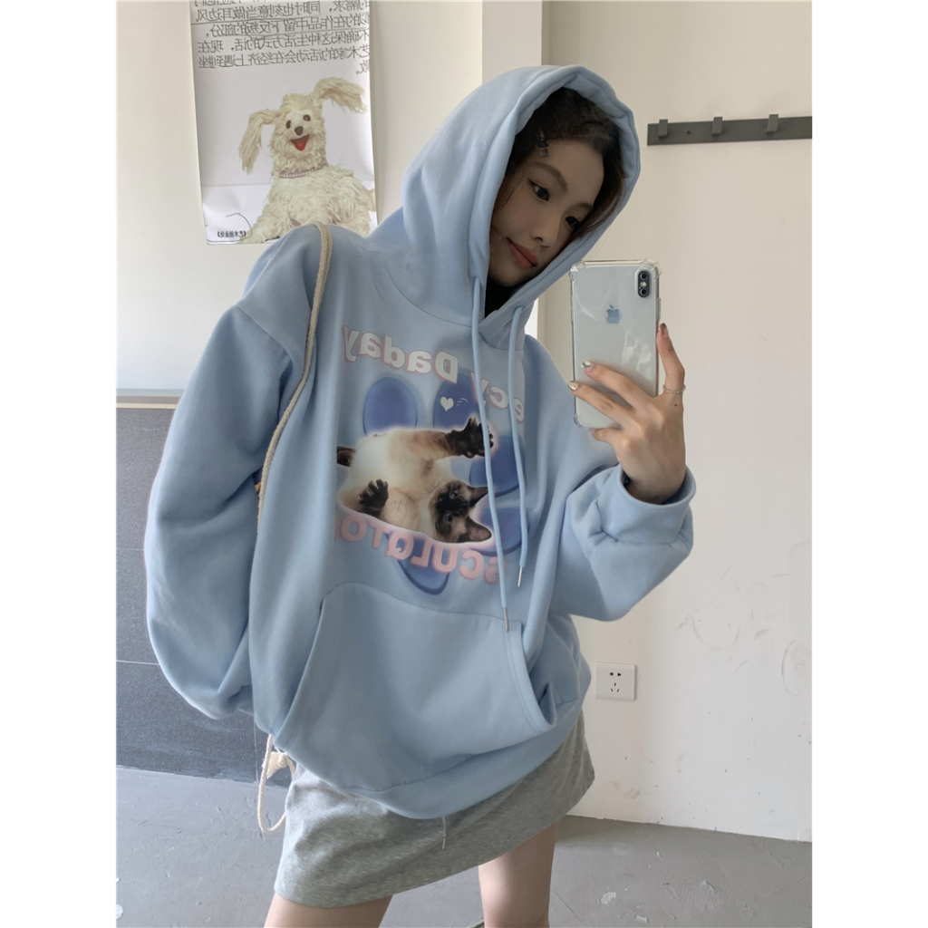 QOEDDV Áo Hoodie Nhung Dáng Rộng In Hình Mèo Vui Nhộn Phong Cách Hàn Quốc Dành Cho Nữ