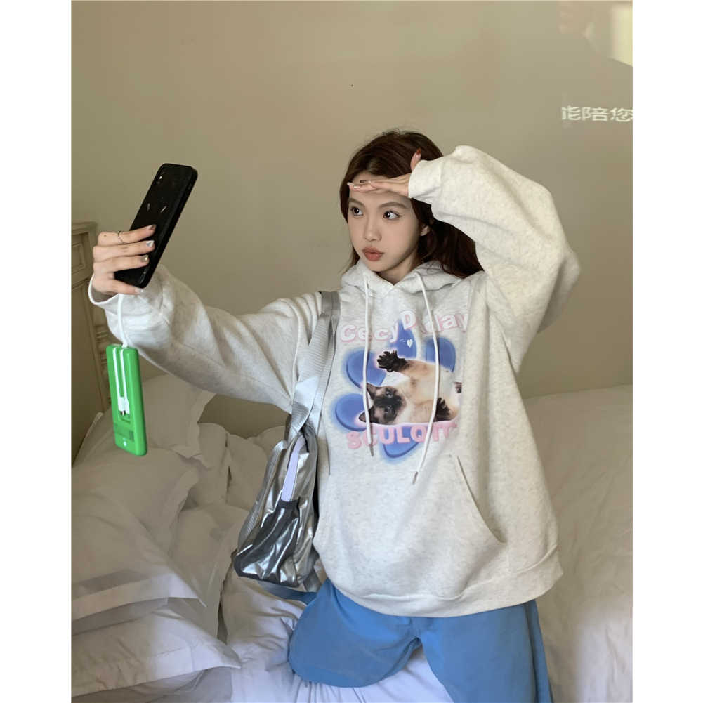 QOEDDV Áo Hoodie Nhung Dáng Rộng In Hình Mèo Vui Nhộn Phong Cách Hàn Quốc Dành Cho Nữ