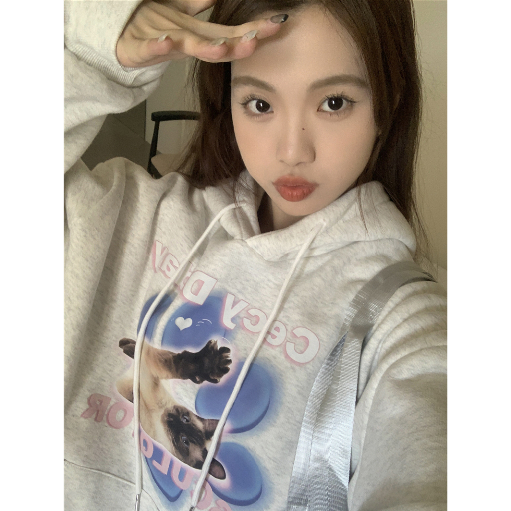 QOEDDV Áo Hoodie Nhung Dáng Rộng In Hình Mèo Vui Nhộn Phong Cách Hàn Quốc Dành Cho Nữ
