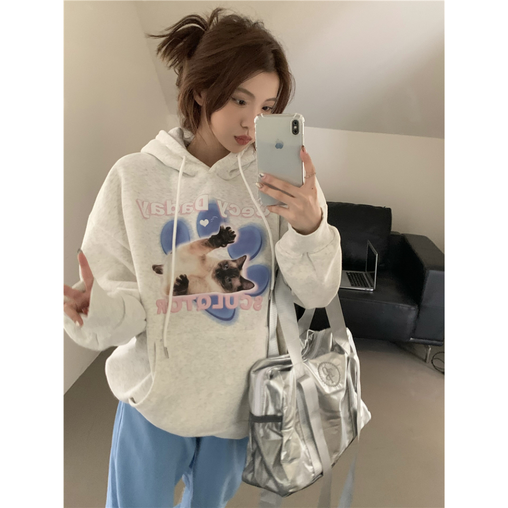 QOEDDV Áo Hoodie Nhung Dáng Rộng In Hình Mèo Vui Nhộn Phong Cách Hàn Quốc Dành Cho Nữ