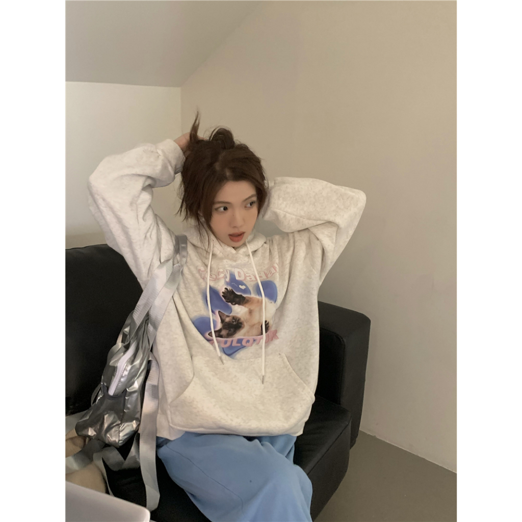 QOEDDV Áo Hoodie Nhung Dáng Rộng In Hình Mèo Vui Nhộn Phong Cách Hàn Quốc Dành Cho Nữ