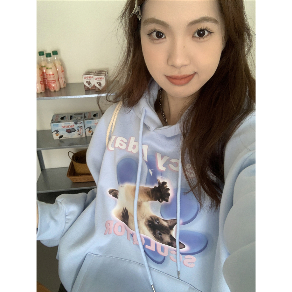 QOEDDV Áo Hoodie Nhung Dáng Rộng In Hình Mèo Vui Nhộn Phong Cách Hàn Quốc Dành Cho Nữ
