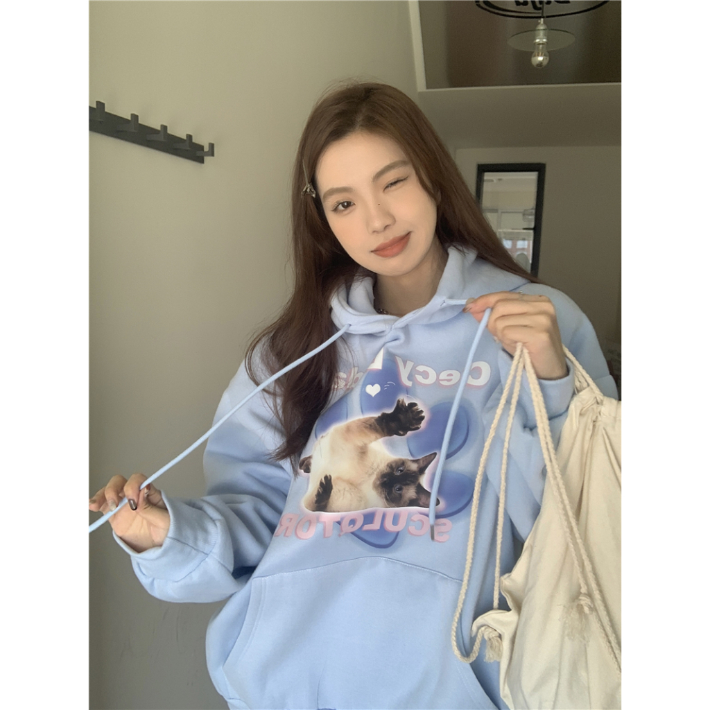 QOEDDV Áo Hoodie Nhung Dáng Rộng In Hình Mèo Vui Nhộn Phong Cách Hàn Quốc Dành Cho Nữ