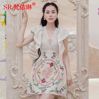 2024 Việt Nam Niche Designer Phong Cách Mới Vải Cao Cấp Retro Ba Chiều Hoa Váy Ngắn Cổ Chữ V Lá Sen Không Tay Thời Trang Tốt Qu