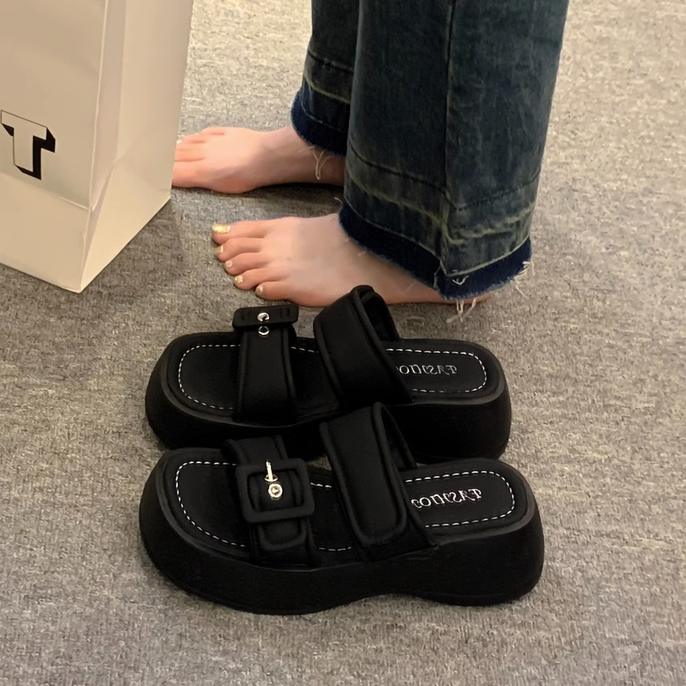 Huaqoo Dép bánh mì guốc dép giày nữ Màu Sắc Đơn Giản Thoải Mái Cao Gót Chống Trơn Trượt dép đế xuồng 31ZHDLX071710