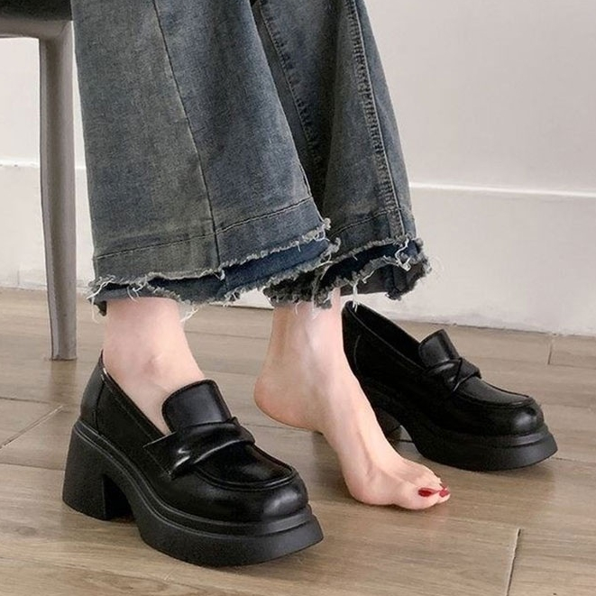 One more shoes⭐Giày Lười Da Đế Dày Phong Cách retro Pháp Cho Nữ