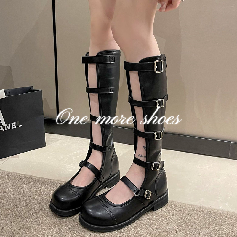One more shoes⭐Giày Bốt Da Cổ Cao Màu Đen Dáng Ôm Thời Trang Mùa Hè Cá Tính