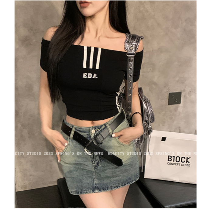 QADCOL Áo Thun Trễ Vai In Chữ Thời Trang Mùa Hè Dành Cho Nữ áo croptop trễ vai