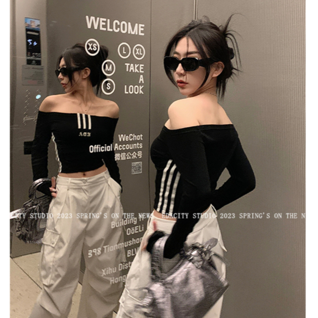 QADCOL Áo Thun Trễ Vai In Chữ Thời Trang Mùa Hè Dành Cho Nữ áo croptop trễ vai