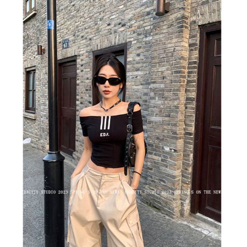 QADCOL Áo Thun Trễ Vai In Chữ Thời Trang Mùa Hè Dành Cho Nữ áo croptop trễ vai