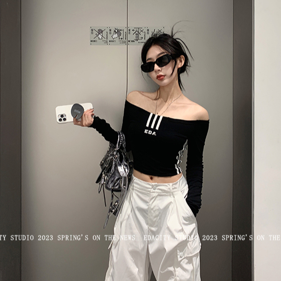 QADCOL Áo Thun Trễ Vai In Chữ Thời Trang Mùa Hè Dành Cho Nữ áo croptop trễ vai