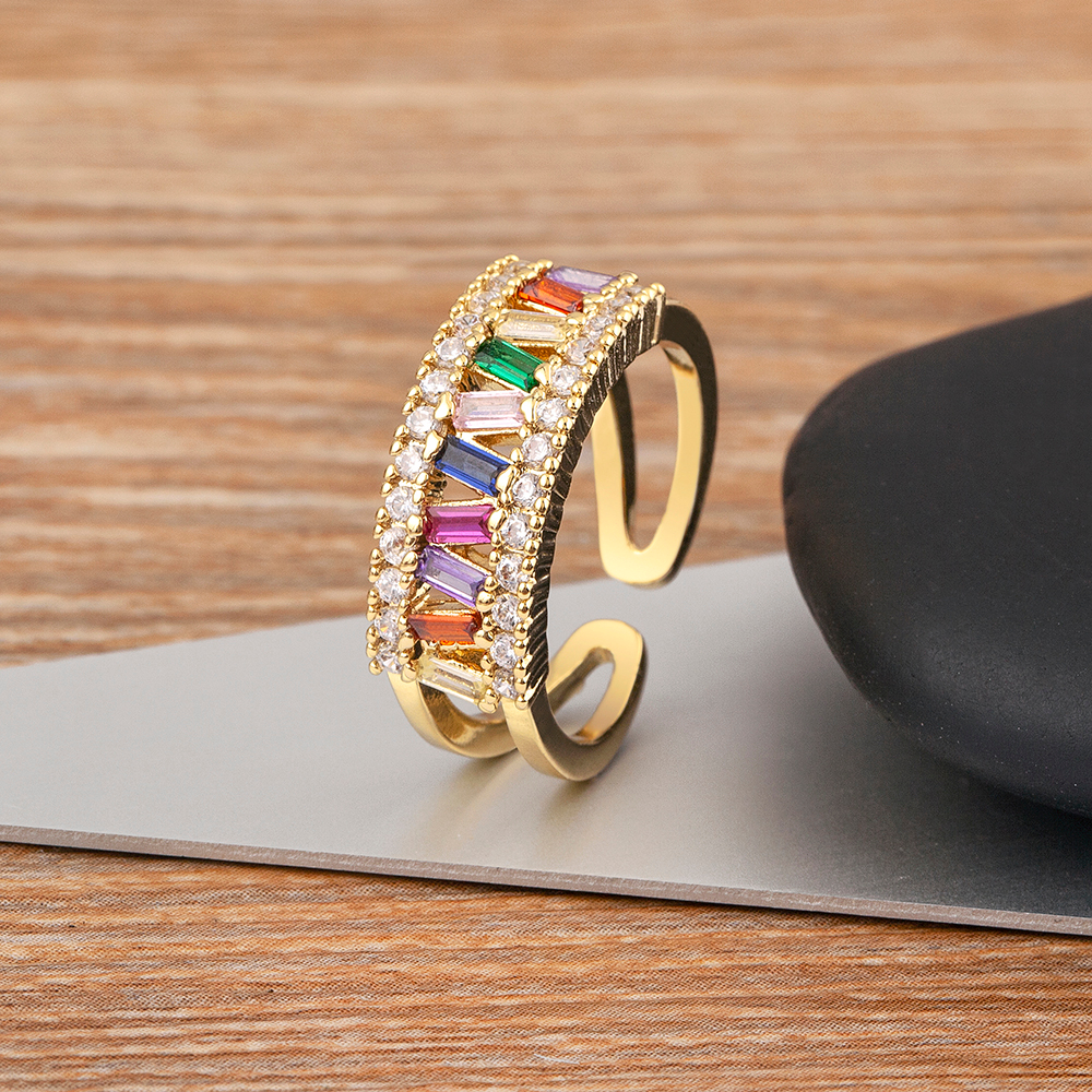 Bohemian đầy màu sắc rhinestone mở nhẫn có thể điều chỉnh đồng zircon phụ nữ sáng bóng sang trọng món quà lãng mạn phổ biến