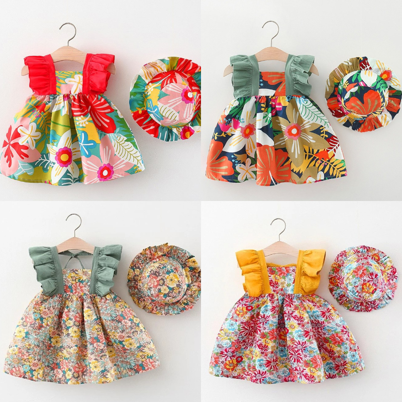 Đầm Chất Liệu Cotton Cao Cấp In Họa Tiết Hoa Kèm Nón Xinh Xắn Thời Trang Mùa Hè Cho Bé Gái