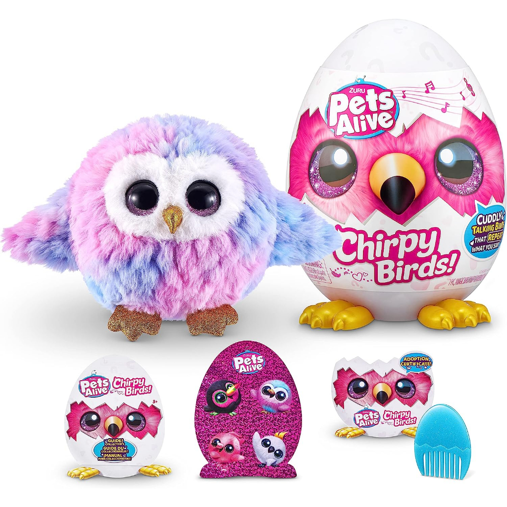 Pets Alive Chirpy Birds by ZURU, Electronic Pet That Speaks, Giant Surprise Egg, Stickers, Comb, Fluffy Clay, Bird Animal Plush for Girls Lược Hình Trứng Động Vật Bằng Đất Sét Mềm Đồ Chơi Cho Thú Cưng