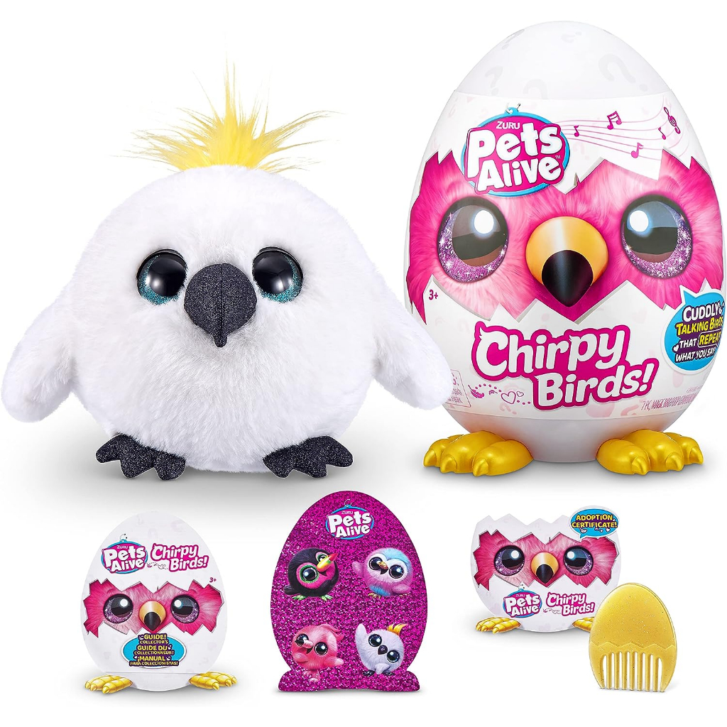 Pets Alive Chirpy Birds by ZURU, Electronic Pet That Speaks, Giant Surprise Egg, Stickers, Comb, Fluffy Clay, Bird Animal Plush for Girls Lược Hình Trứng Động Vật Bằng Đất Sét Mềm Đồ Chơi Cho Thú Cưng