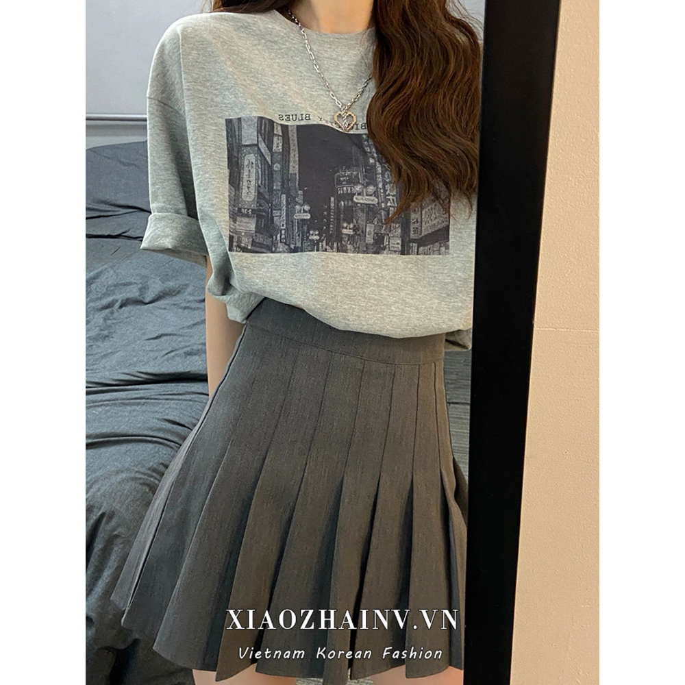 Xiaozhainv Chân Váy Chữ A Lưng Cao Xếp Ly Màu Trơn Thời Trang Hàn Quốc Cho Nữ