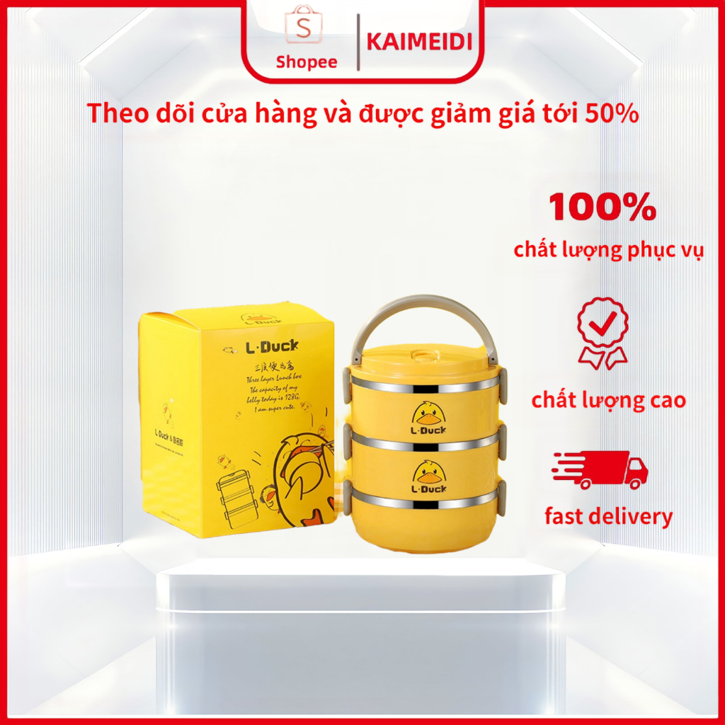 Hộp cơm trưa KAIMEIDI thiết kế ba tầng cách nhiệt bằng thép không gỉ hình vịt vàng nhỏ nhắn cho học sinh