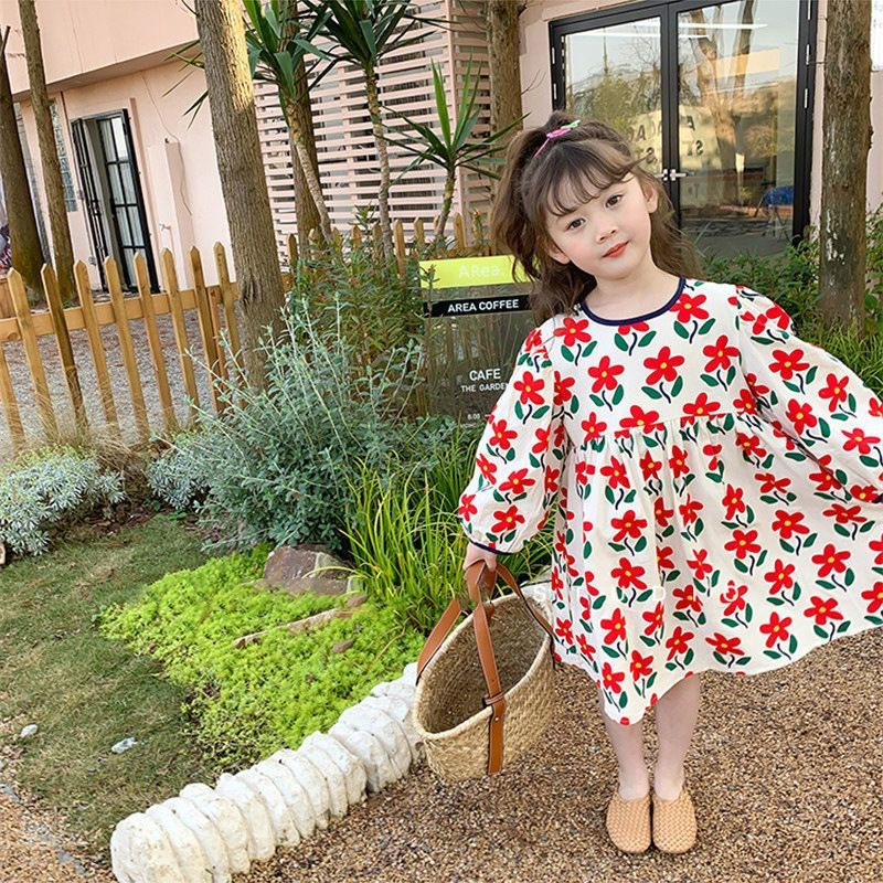 Đầm Công Chúa Tay Dài In Hoa Lớn Thời Trang Mùa Xuân Phong Cách Mới Dành Cho Bé Gái