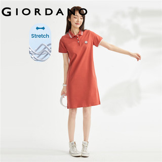 Đầm cổ polo GIORDANO 13463238 chất liệu Pique co giãn cổ tròn tay ngắn thêu hình con cừu dệt kim cho nữ