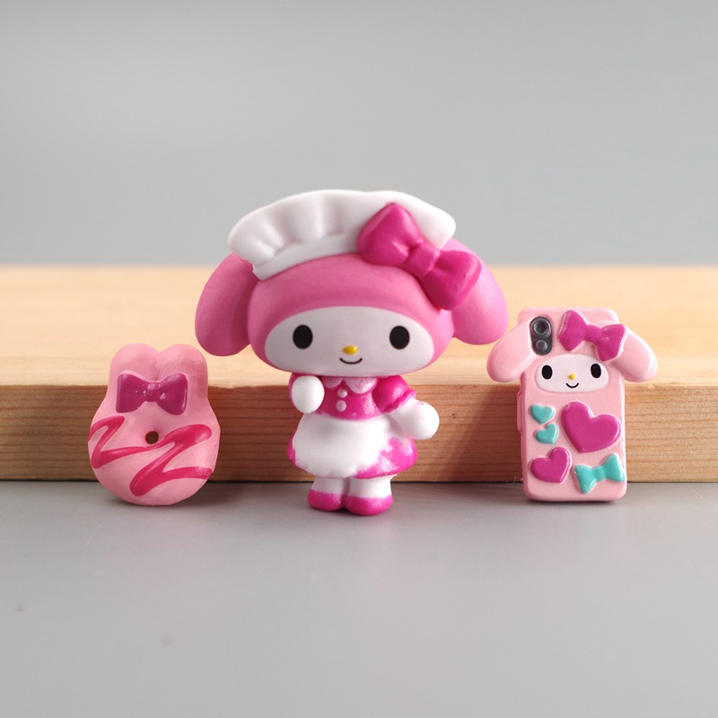 SANRIO Bộ 3 Mô Hình Nhân Vật Hoạt Hình My Melody Kuromi Bow Donuts Bằng PVC Trang Trí Bánh Kem DIY