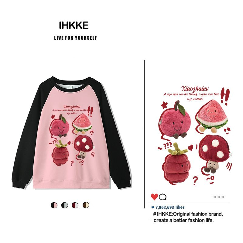 ihkke Áo sweater Tay Dài Hở Vai In Hoạt Hình Màu Đen Và Hồng Thời Trang Mùa Thu Cho Nữ