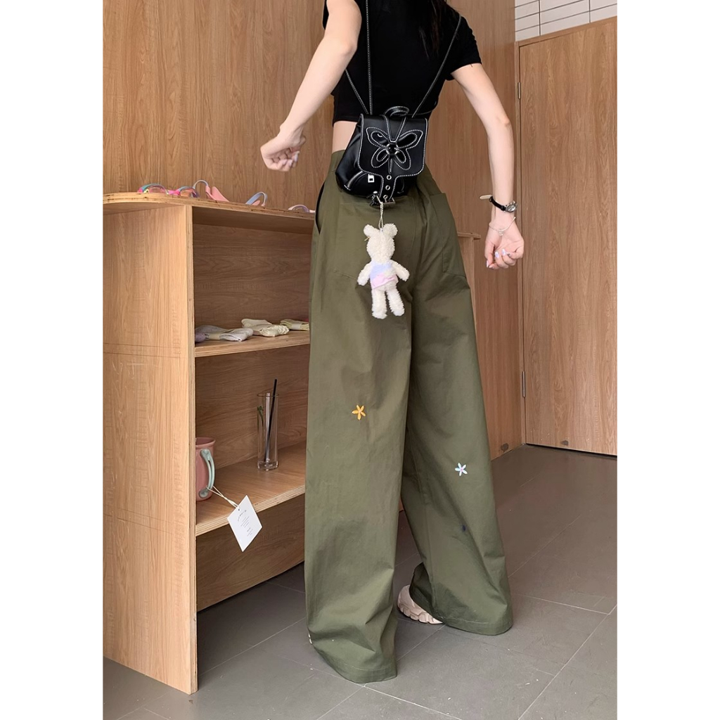 QKOOLE Quần Dài Ống Rộng Lưng Cao Thêu Hình Ngôi Sao Thời Trang Mùa Hè Cho Nữ