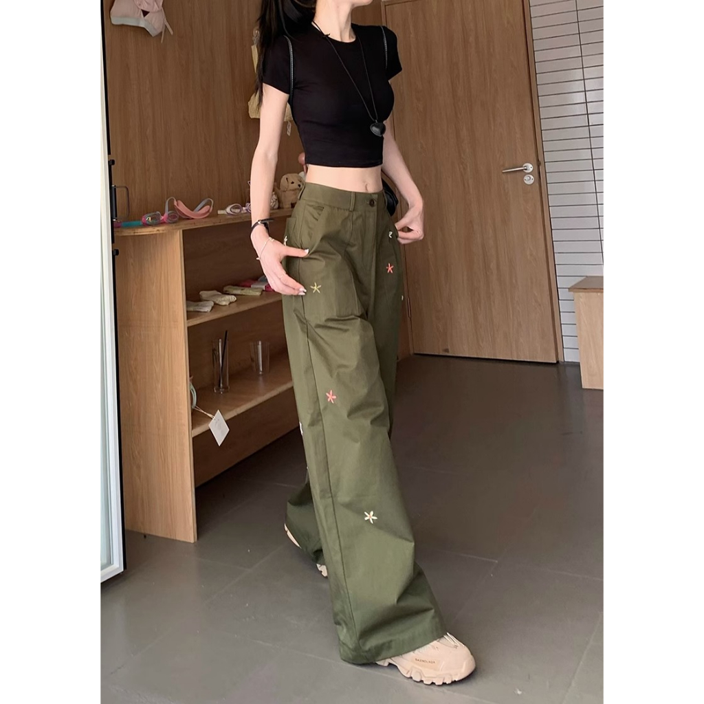 QKOOLE Quần Dài Ống Rộng Lưng Cao Thêu Hình Ngôi Sao Thời Trang Mùa Hè Cho Nữ