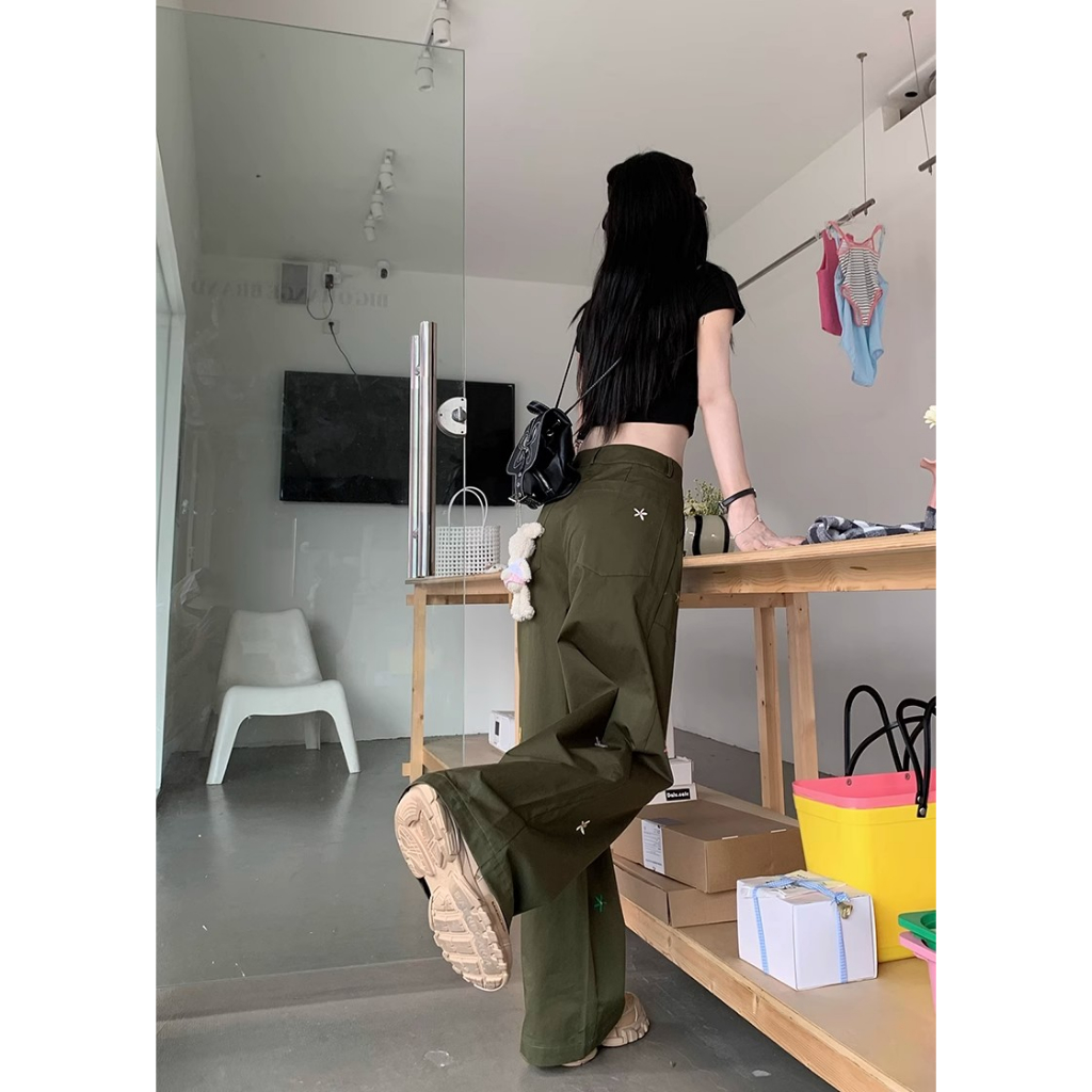 QKOOLE Quần Dài Ống Rộng Lưng Cao Thêu Hình Ngôi Sao Thời Trang Mùa Hè Cho Nữ