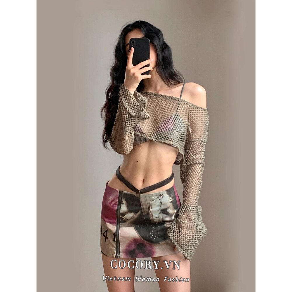 Cocory vn Set Áo Thun Tay Dài Chống Nắng + Áo Hai Dây + Chân Váy Lưng Cao In Họa Tiết Y2K Thời Trang Cho Nữ