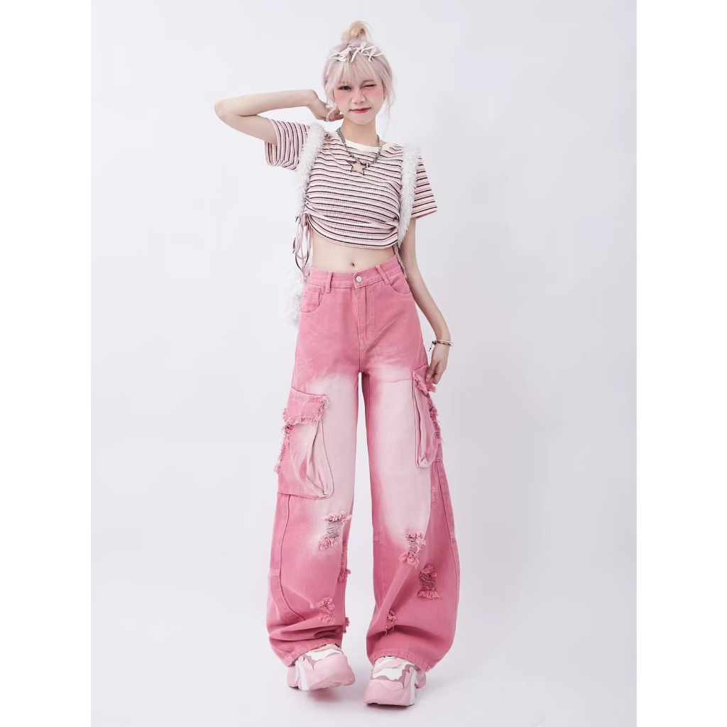 Quần jeans Nữ Dài Ống Rộng Thời Trang Hàn Quốc Cá Tính quần jean ống rộng Quần jean ống rộng nữ quần jean rách gối