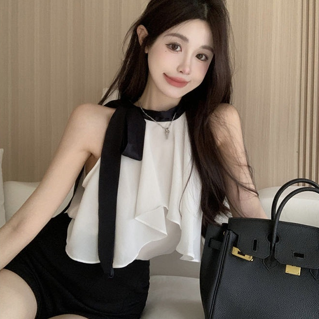 UIOWOO  Áo Voan Hai Dây Dáng Rộng Hở Vai Màu Trắng Thời Trang Cho Nữ