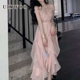 UIOWOO  Đầm Ren Dáng Dài Ôm Sát Màu Hồng Nhạt Phong Cách Cổ Tích Sang Trọng Dành Cho Nữ