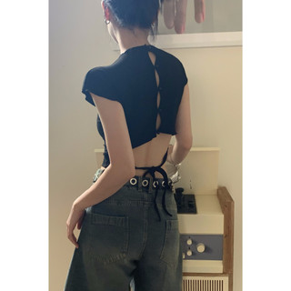 🍓Spicy Girl Lace Up Open Back Short Sleeve Top Design Sense Black Slim Fit T-shirt Short Sleeve T-shirt