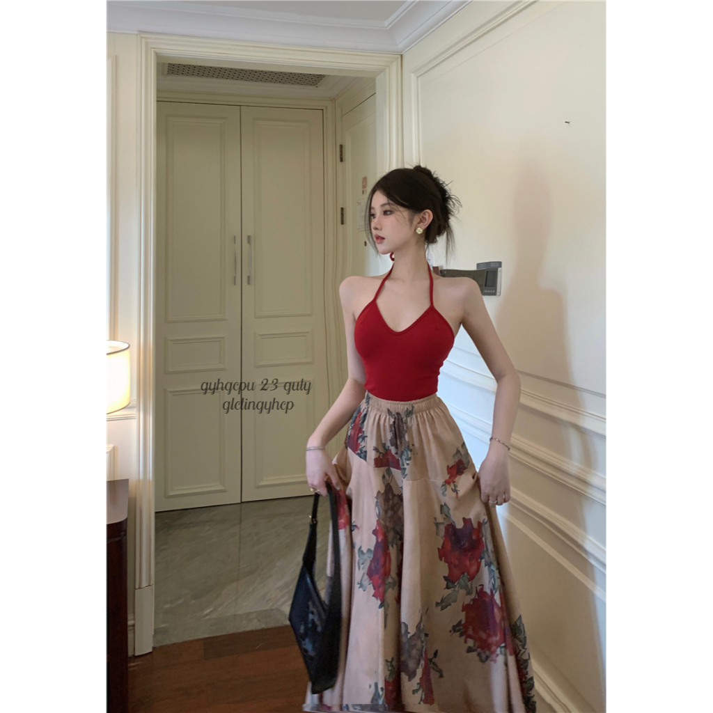 【COLORBLLIND】Set Áo Hai Dây Cổ Chữ v + Chân Váy Dài Chữ a Phong Cách Retro Thời Trang Cho Nữ
