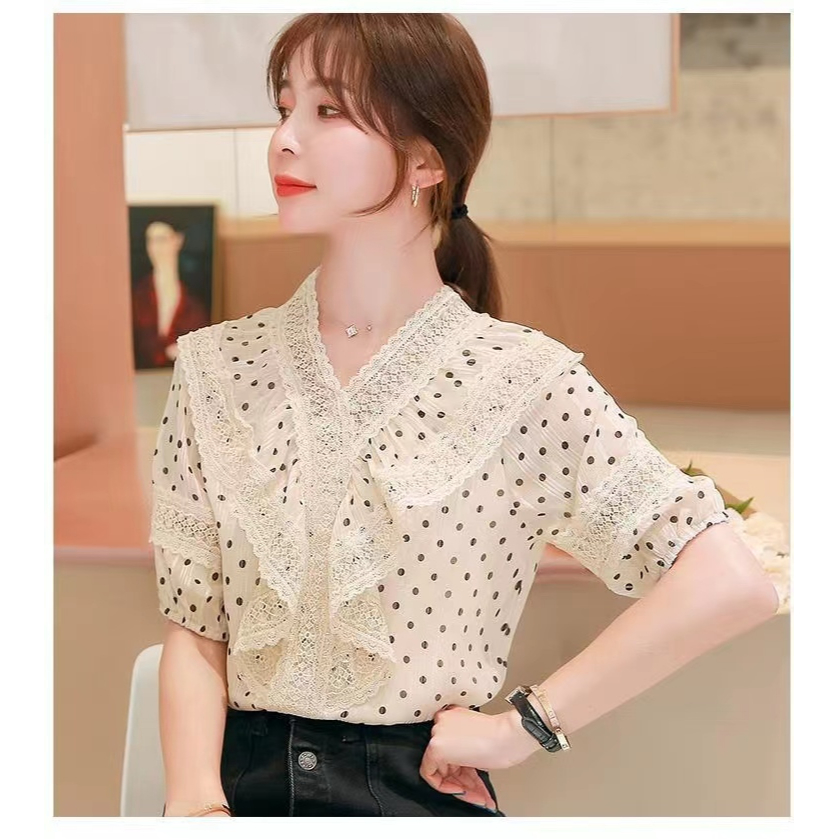 Áo chiffon Tay Ngắn Cổ Chữ v Dáng Rộng Họa Tiết Chấm Bi Thời Trang Mùa Hè 2023 Dành Cho Bạn Nữ