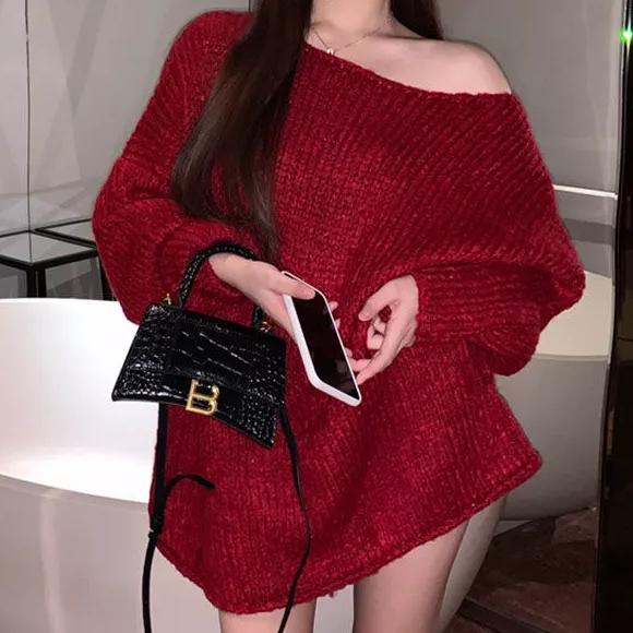 Uiowoo Áo Khoác Sweater Dệt Kim Dáng Rộng Dài Vừa Phải Màu Đỏ Cho Nữ @ -