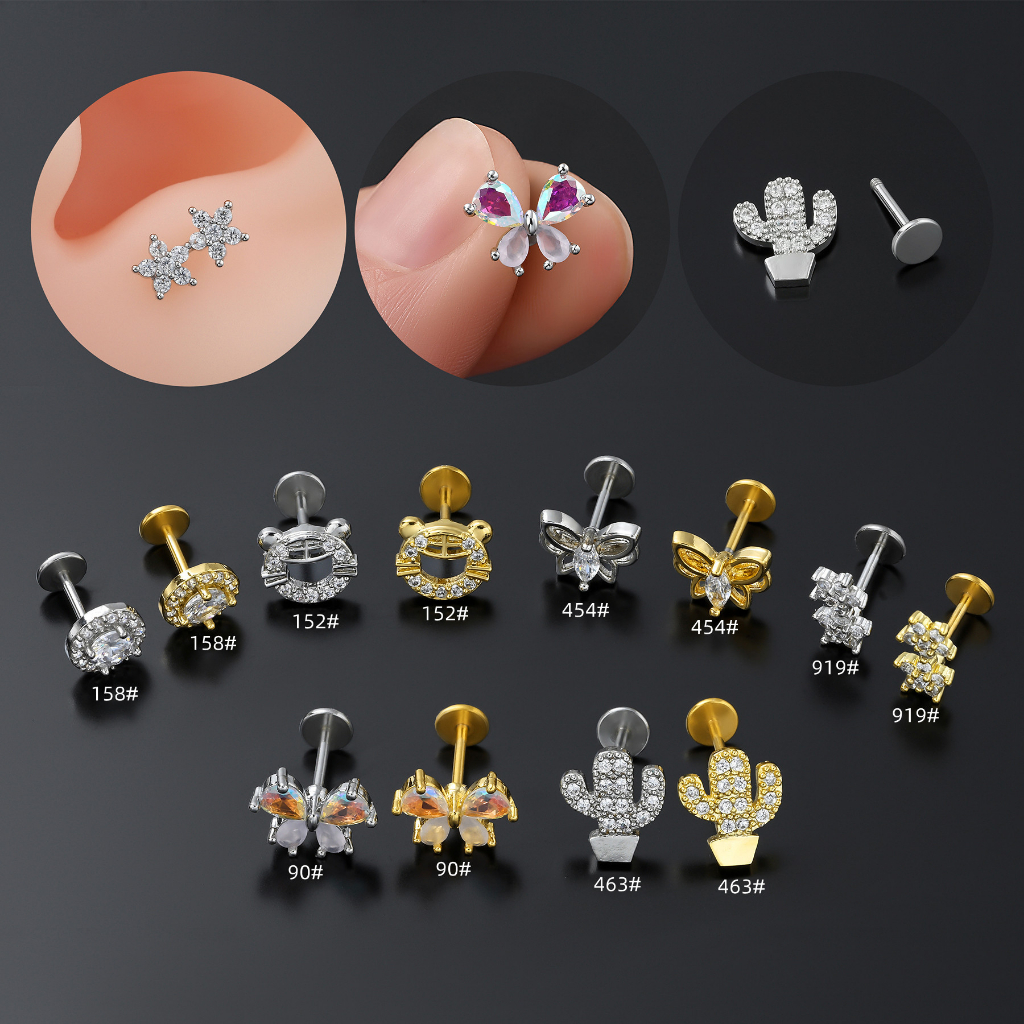 1 Bông Tai Thép Titan G23 Hình Bướm / Xương Rồng Đính Đá Zircon Không Gây Dị Ứng