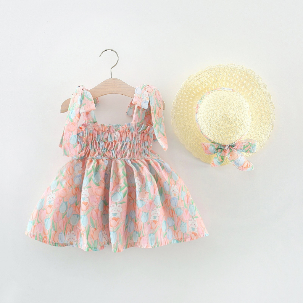 Đầm cotton Hàn Quốc In Họa Tiết Hoa tulip Kèm Nón Rơm Thời Trang Mùa Hè 2023 Mới Cho Bé Gái