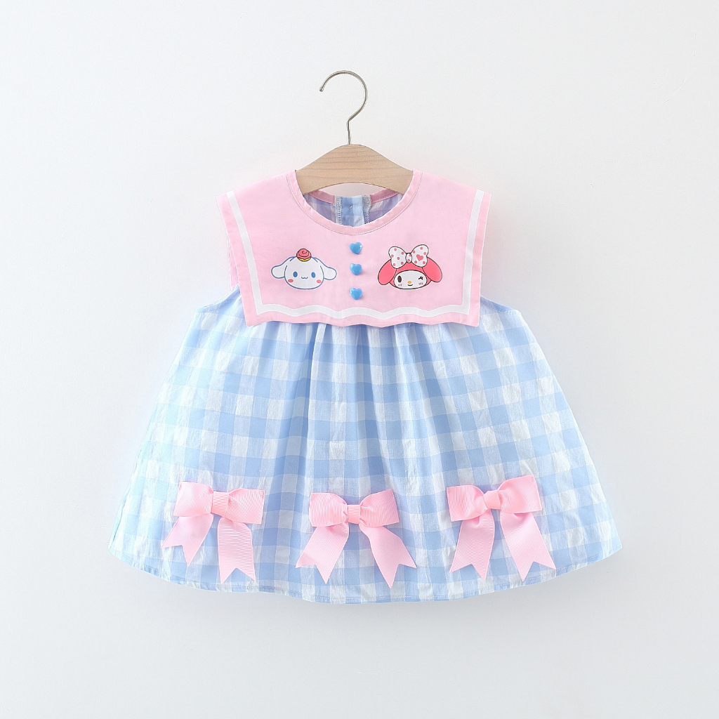Đầm Cotton Không Tay In Họa Tiết Hoạt Hình Đính Nơ Thời Trang Mùa Hè 2023 Cho Bé Gái