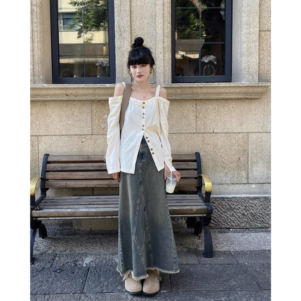 Áo Kiểu Trễ Vai Tay Dài Màu Đen Thời Trang Mùa Hè Cho Nữ